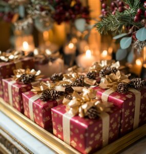 A warm display of December wedding favors, symbolizing gratitude and holiday cheer, reminding guests of the joyous winter celebration.
