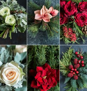 A variety of December wedding flower options, including roses, amaryllis, and pinecones, arranged with seasonal accents like evergreens and berries for a festive winter theme.