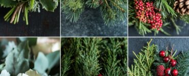 A variety of December wedding flower options, including roses, amaryllis, and pinecones, arranged with seasonal accents like evergreens and berries for a festive winter theme.