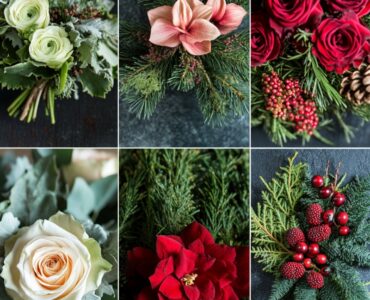A variety of December wedding flower options, including roses, amaryllis, and pinecones, arranged with seasonal accents like evergreens and berries for a festive winter theme.