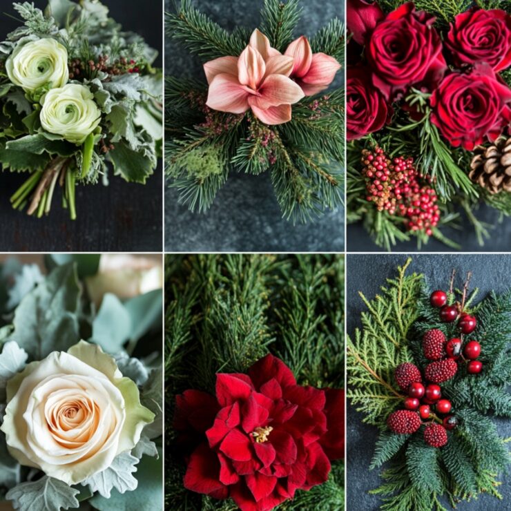 A variety of December wedding flower options, including roses, amaryllis, and pinecones, arranged with seasonal accents like evergreens and berries for a festive winter theme.