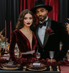 An elegantly dressed couple standing together at a winter wedding, showcasing coordinated outfits with rich fabrics and bold colors, highlighting the beauty of seasonal style and sophistication for a memorable celebration.