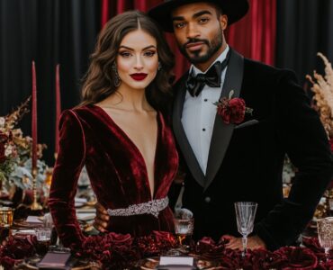 An elegantly dressed couple standing together at a winter wedding, showcasing coordinated outfits with rich fabrics and bold colors, highlighting the beauty of seasonal style and sophistication for a memorable celebration.