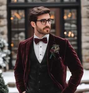 A man wearing a tailored wool suit with a velvet blazer, standing in front of a winter wedding venue, showcasing a mix of elegant and cozy winter attire options for male wedding guests.