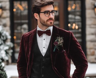 A man wearing a tailored wool suit with a velvet blazer, standing in front of a winter wedding venue, showcasing a mix of elegant and cozy winter attire options for male wedding guests.