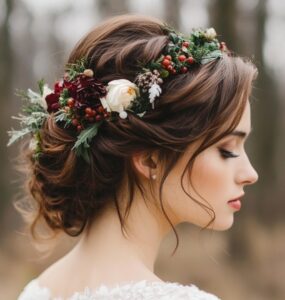 Elegant December wedding hairstyles, ranging from whimsical braids to sleek ponytails, offering seasonal flair and elegance to complete any bridal look.