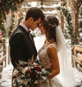 A stunning December wedding featuring a blend of festive decorations, cozy elements, and a magical winter landscape that creates an unforgettable celebration.