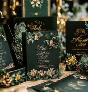Enchanting December wedding invitations, ranging from rustic greenery designs to glamorous black and gold, perfect for setting the tone of a winter wedding.