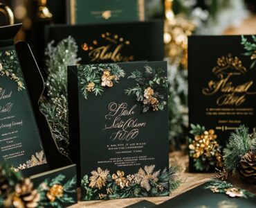 Enchanting December wedding invitations, ranging from rustic greenery designs to glamorous black and gold, perfect for setting the tone of a winter wedding.