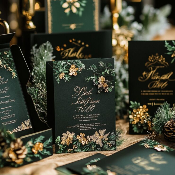 Enchanting December wedding invitations, ranging from rustic greenery designs to glamorous black and gold, perfect for setting the tone of a winter wedding.