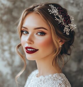 Bridal makeup collection featuring bold berry lips, shimmering metallic eyeshadow, and classic red lips, showcasing diverse winter wedding makeup styles that reflect personal style and seasonal elegance.