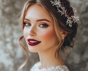 Bridal makeup collection featuring bold berry lips, shimmering metallic eyeshadow, and classic red lips, showcasing diverse winter wedding makeup styles that reflect personal style and seasonal elegance.