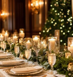 An elegantly set wedding table with winter-inspired decor, featuring warm candles, seasonal greenery, and cozy touches that create a festive and inviting atmosphere for December weddings.