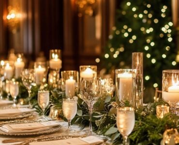 An elegantly set wedding table with winter-inspired decor, featuring warm candles, seasonal greenery, and cozy touches that create a festive and inviting atmosphere for December weddings.