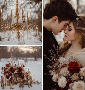Couple embracing in a winter wedding photoshoot, surrounded by festive decor and snowy landscapes, capturing warmth, elegance, and joy in the enchanting December season.
