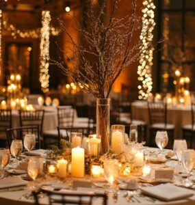 Elegant December wedding reception setup featuring winter-themed decor with candles, pine branches, and twinkling lights.