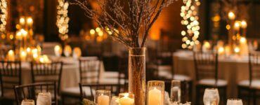 Elegant December wedding reception setup featuring winter-themed decor with candles, pine branches, and twinkling lights.