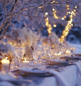 Winter wedding table setting ideas emphasizing warmth, elegance, and seasonal charm for a memorable December celebration.