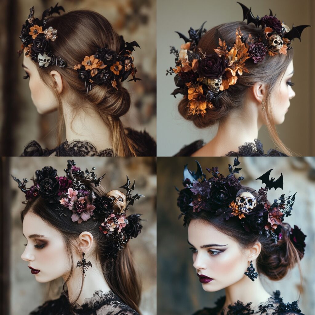 Beautiful decorative hairpieces including floral crowns with dark blooms and hairpins shaped like skulls and bats, perfect for Halloween weddings.