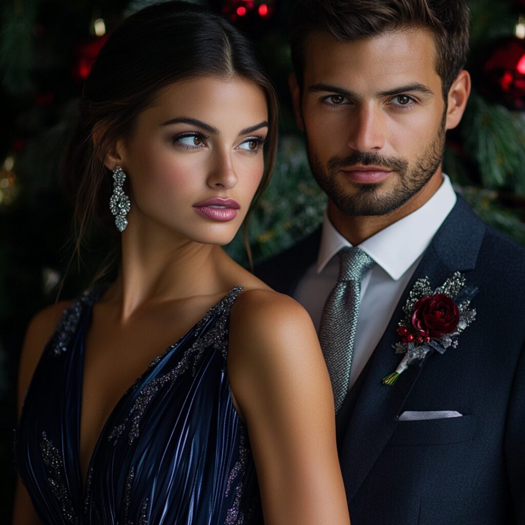 Sophisticated couple attending a Christmas wedding, with the woman in a navy gown and silver accessories, and the man in a dark gray suit with a silver tie.