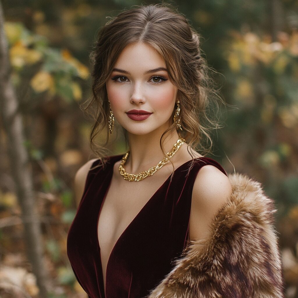 Bridesmaid wearing a deep burgundy velvet gown, perfect for a December wedding, paired with gold accessories and a faux fur wrap for a warm and elegant winter look.