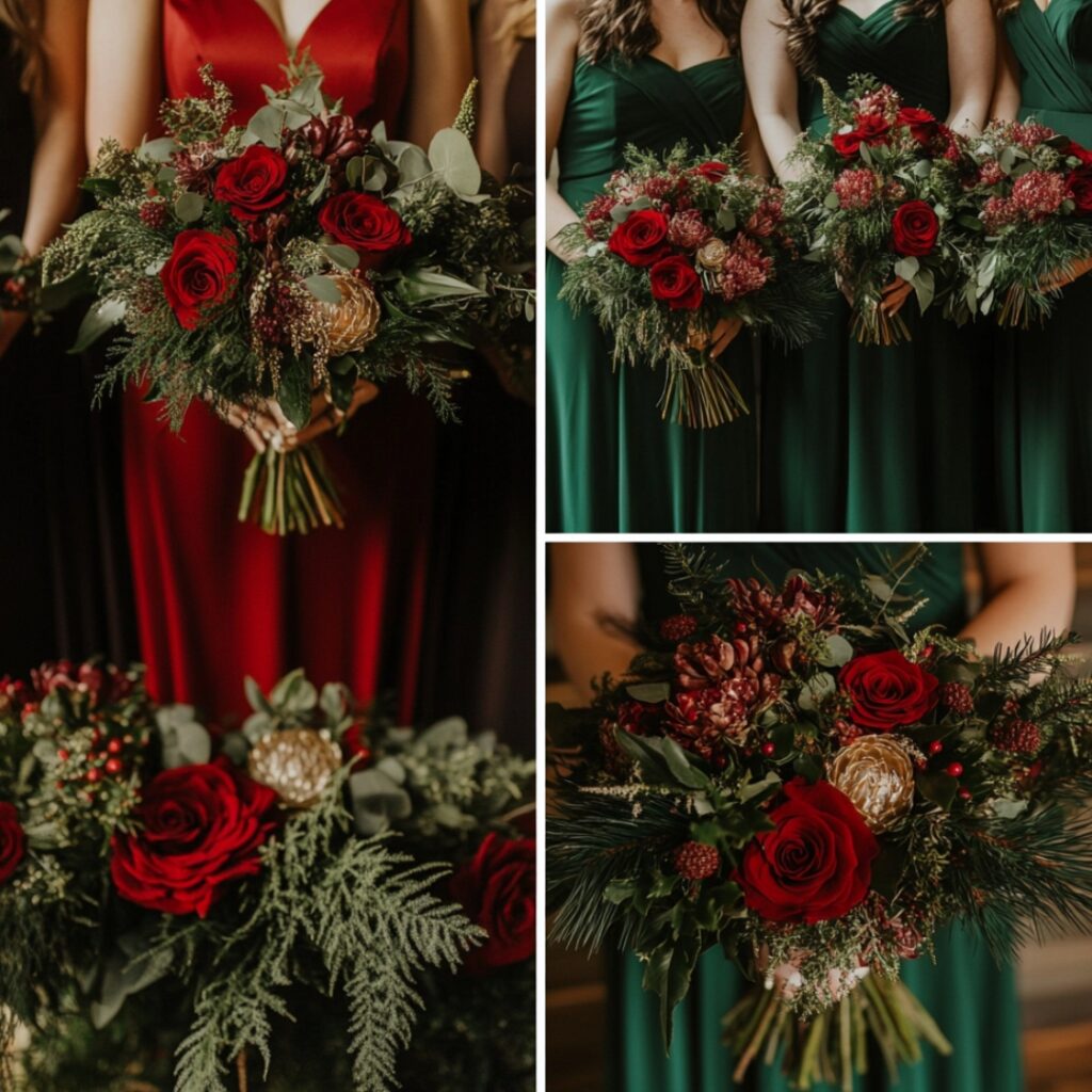 Classic deep red and forest green wedding decor, showcasing rich bridal bouquets, elegant bridesmaid dresses, and lush greenery arrangements for a festive December wedding.