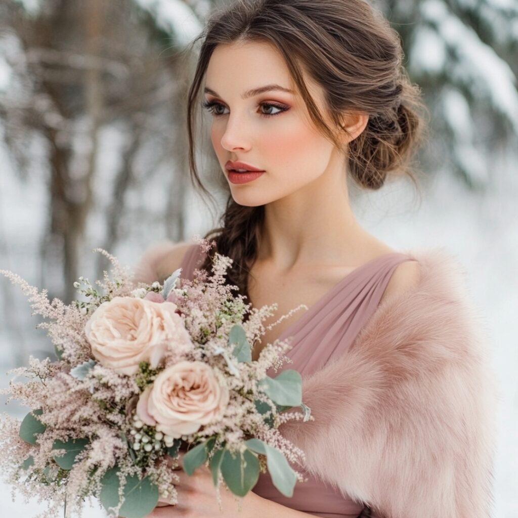Bridesmaid wearing a dusty rose faux fur-trimmed dress, blending soft femininity with winter elegance, ideal for a whimsical December wedding.