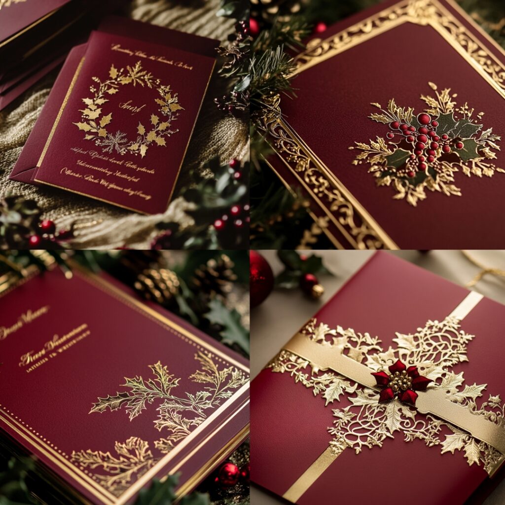 An elegant burgundy and gold wedding invitation with luxurious gold foil accents and holly decorations, ideal for a sophisticated December wedding.
