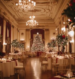 A beautifully decorated ballroom featuring sparkling lights, rich holiday colors, and elegant decor for a timeless Christmas wedding celebration.