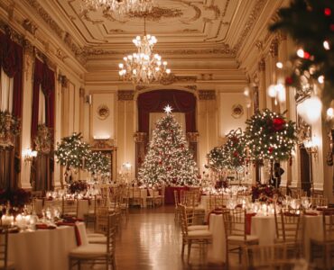 A beautifully decorated ballroom featuring sparkling lights, rich holiday colors, and elegant decor for a timeless Christmas wedding celebration.