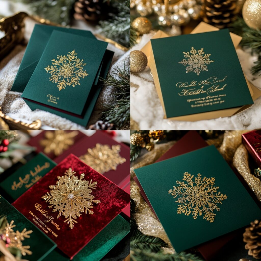 Elegant Christmas wedding invitations with rich gold foil accents, intricate snowflake designs, and deep emerald or burgundy hues for a luxurious winter celebration.