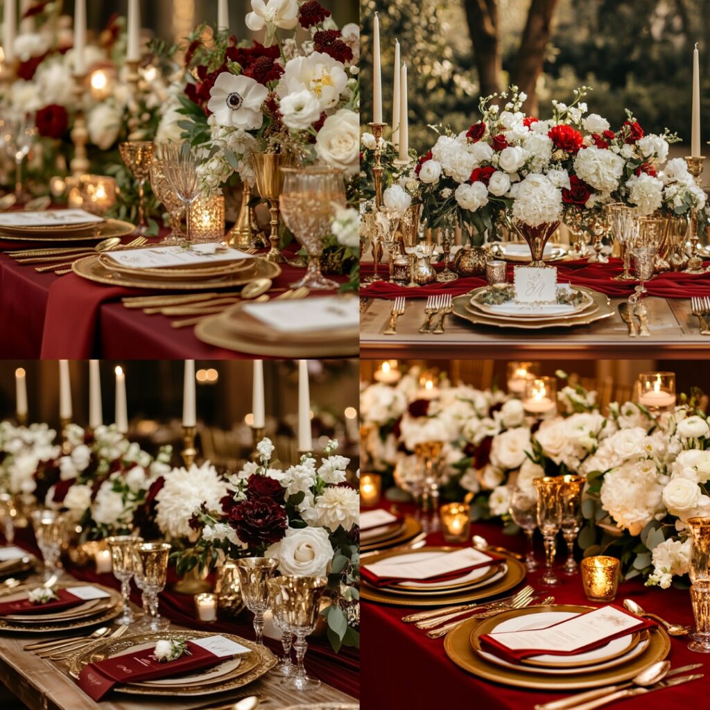 A sophisticated Thanksgiving wedding table setting adorned with shimmering gold flatware, chargers, and candle holders, complemented by deep red linens and white flowers in gold vases.