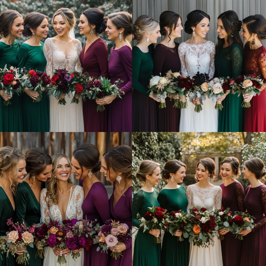 A group of bridesmaids in elegant long-sleeve chiffon dresses in jewel tones like emerald green and deep plum, accessorized with statement earrings and stylish updos.