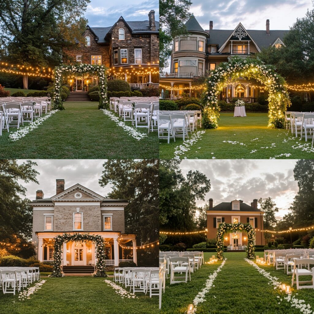 An enchanting outdoor wedding ceremony set on the manicured lawns of a historic mansion, featuring white chairs, floral arrangements, and a lush green arch illuminated by string lights.