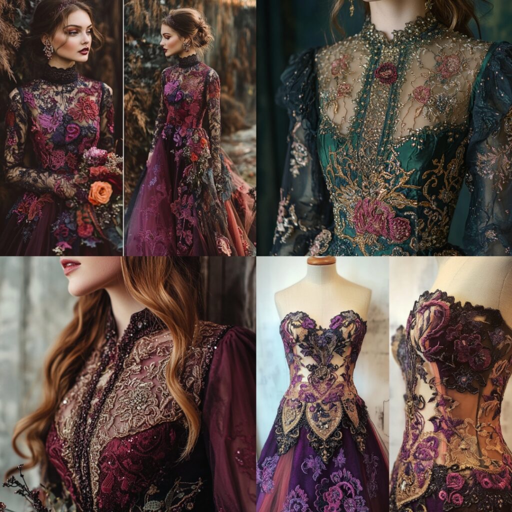 Romantic embroidered lace dress with intricate detailing in jewel tones, suitable for semi-formal New Year’s weddings.