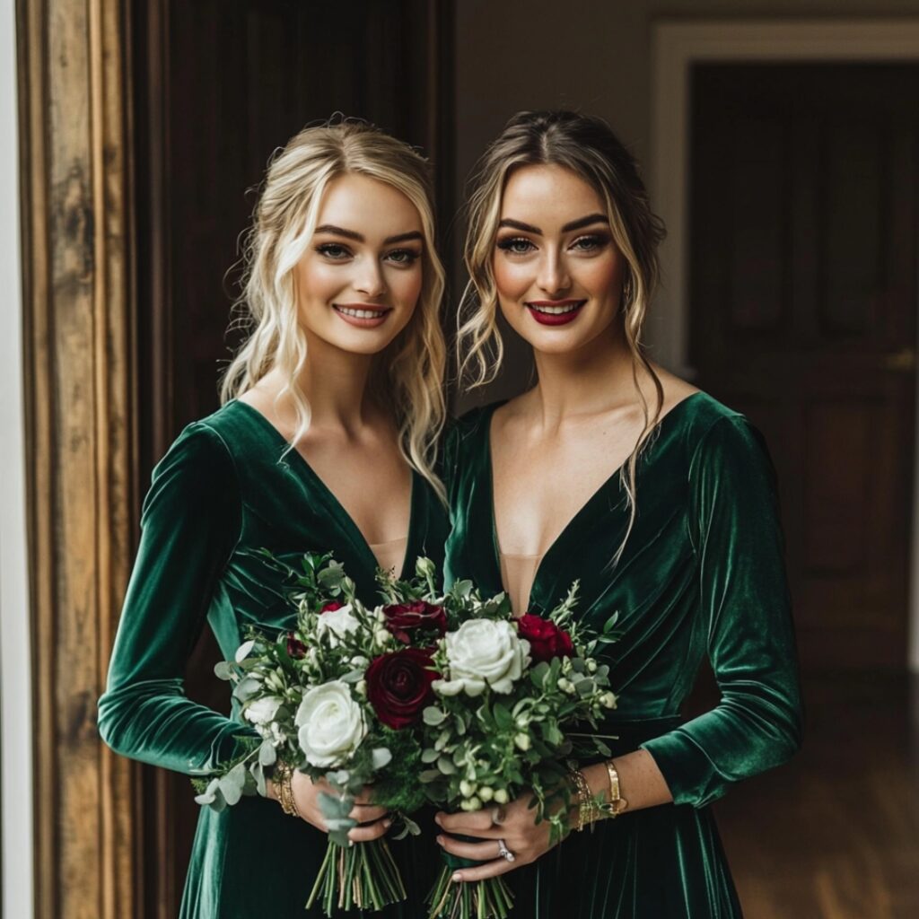 Emerald green velvet bridesmaid dress with a luxurious and cozy texture, perfect for a winter wedding, paired with gold accessories for a festive look.