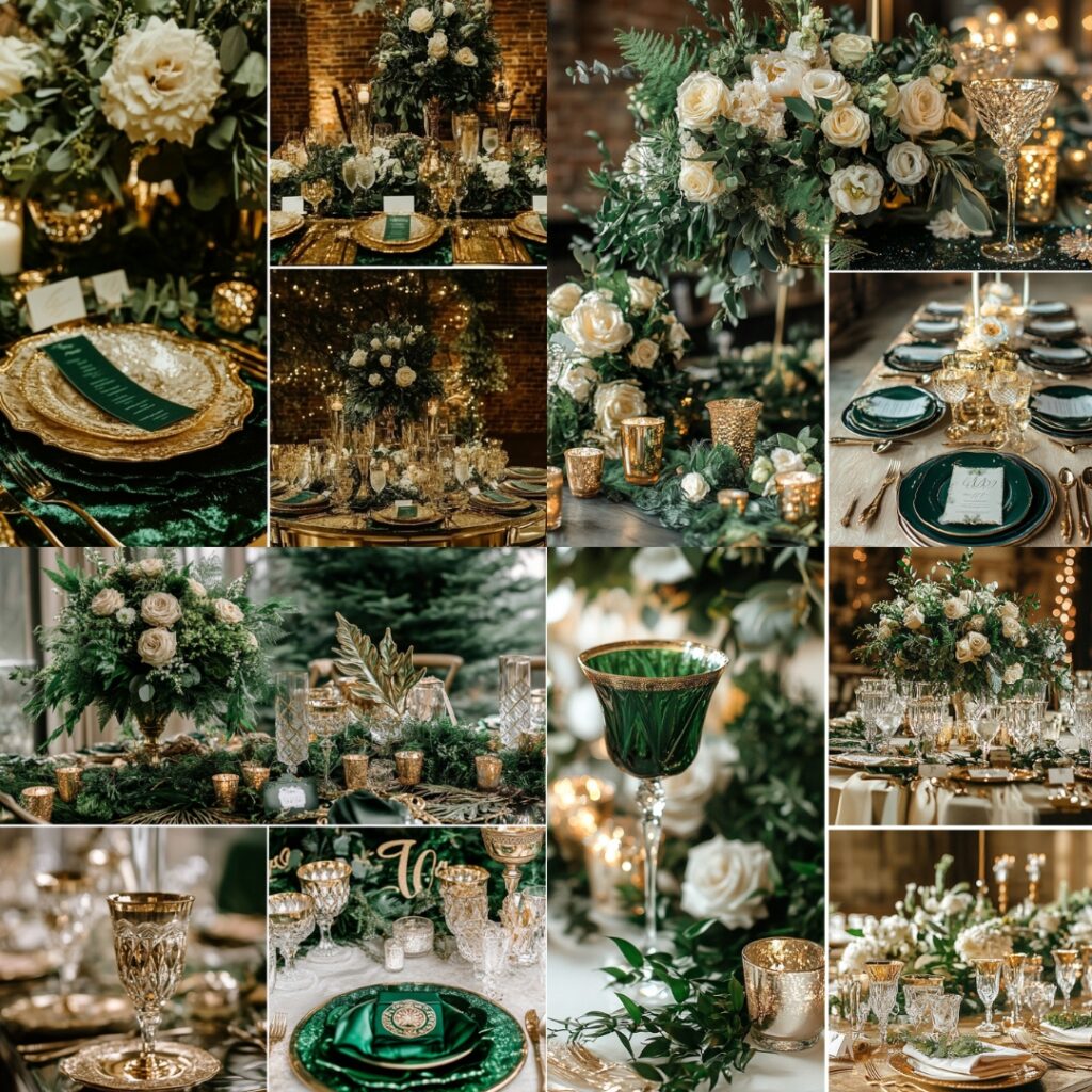 Luxurious emerald green and gold wedding details, including lush greenery arrangements, gold accents in tableware, and bridesmaid dresses for a regal winter vibe.