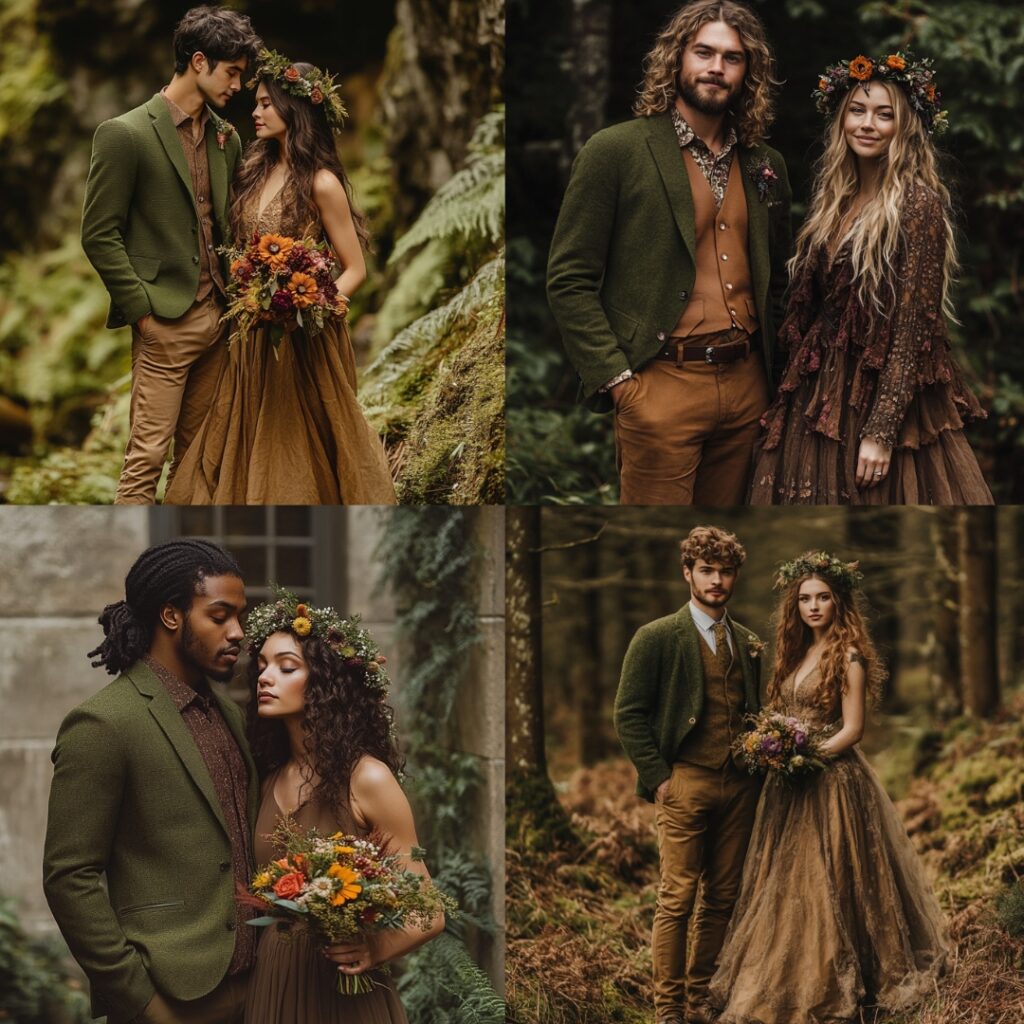 Couple embodying an enchanted forest theme, with a moss-green blazer and brown trousers for the man, and a flowing brown dress adorned with floral crowns for the woman.