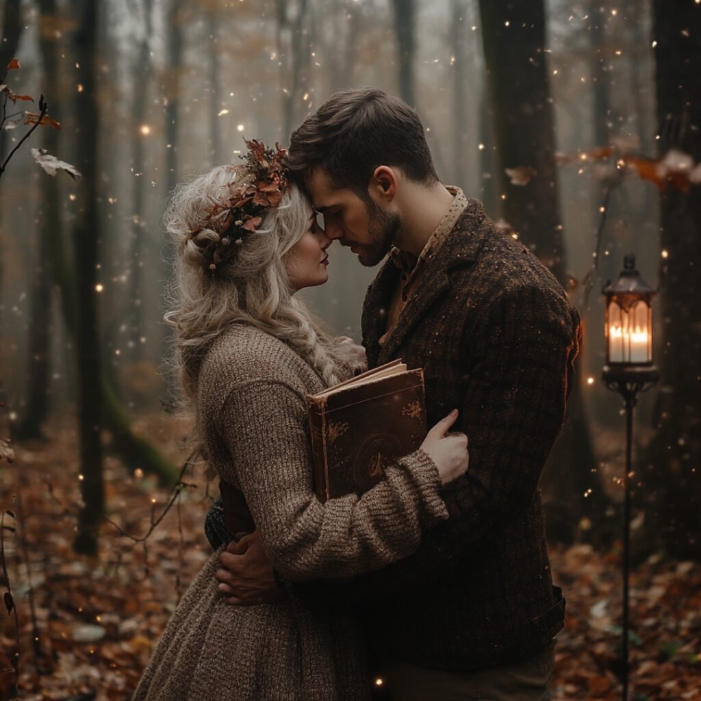 Couple captured in a mystical forest surrounded by autumn leaves and fog, wearing cozy layered outfits in deep hues, with props like lanterns and vintage books.