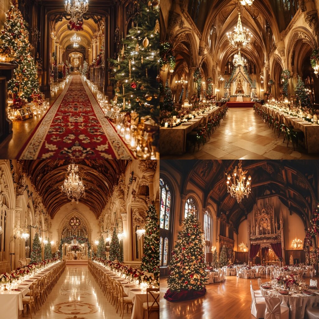 A magical castle venue with grand halls and regal holiday decor, offering a fairytale setting for a royal and luxurious Christmas wedding.