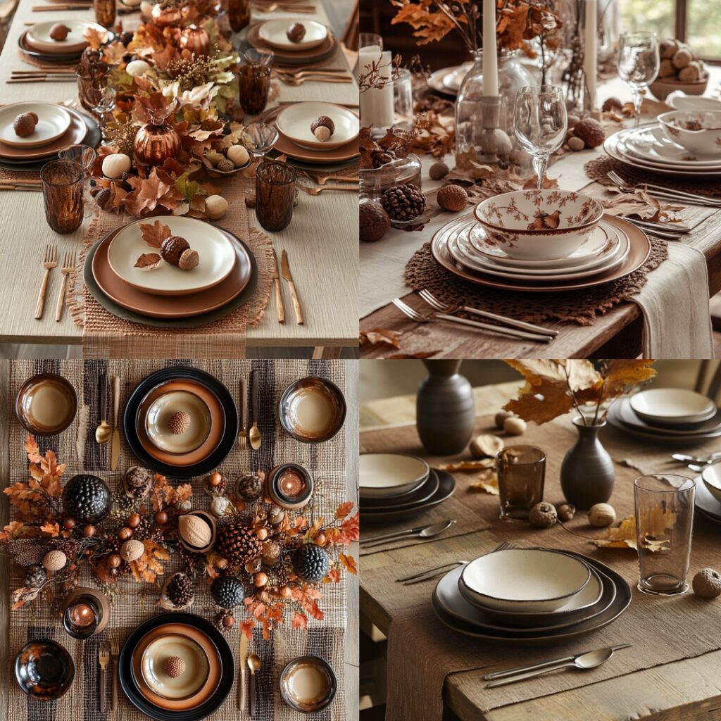 Fall-inspired table settings showcasing earthy-toned table runners, elegant dishware, and natural accents like acorns and leaves for a rustic, inviting look.