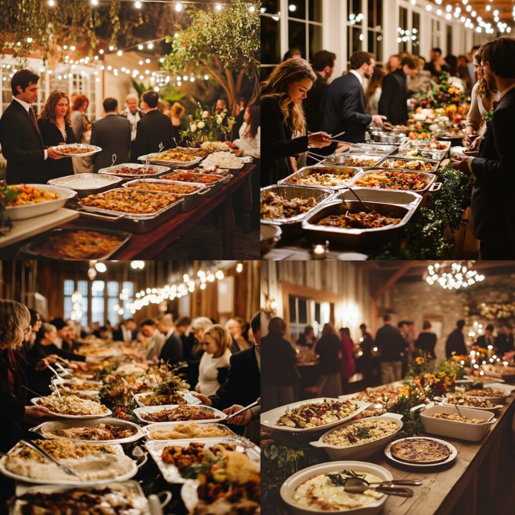 A warm and communal family-style dining setup at a Thanksgiving wedding reception with guests serving themselves from large platters of comfort food.