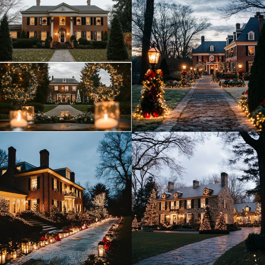 A festive country estate with sprawling grounds and holiday decorations, perfect for a luxurious yet cozy December wedding celebration.