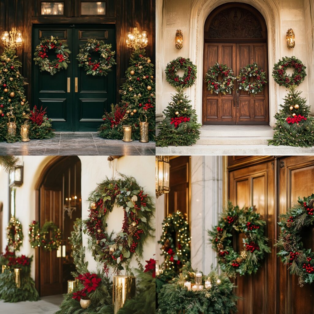 Festive wreaths made of pine branches, holly, red berries, and golden accents, adorning doors and walls to bring holiday spirit to a December wedding venue.