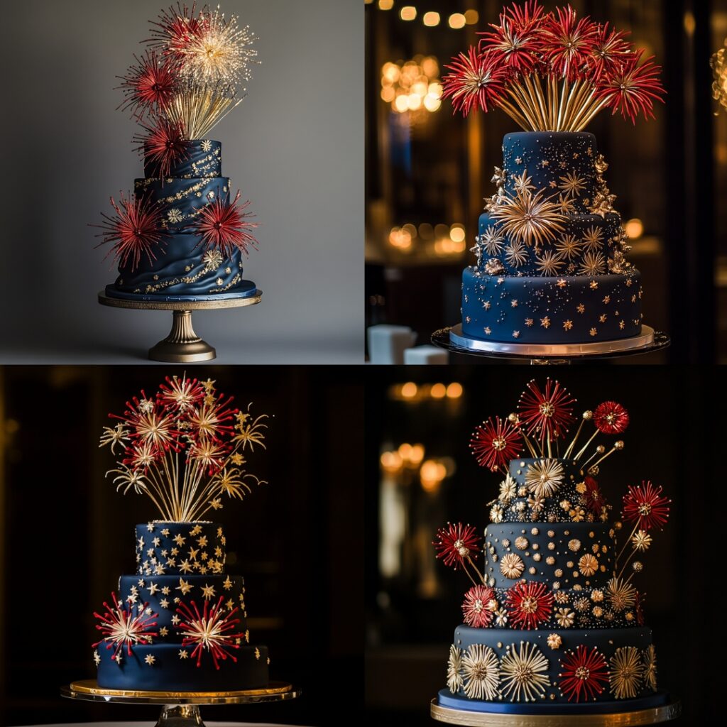 Dramatic fireworks-themed wedding cake with midnight-blue fondant, metallic fireworks in red, gold, and silver, perfect for New Year's celebrations.