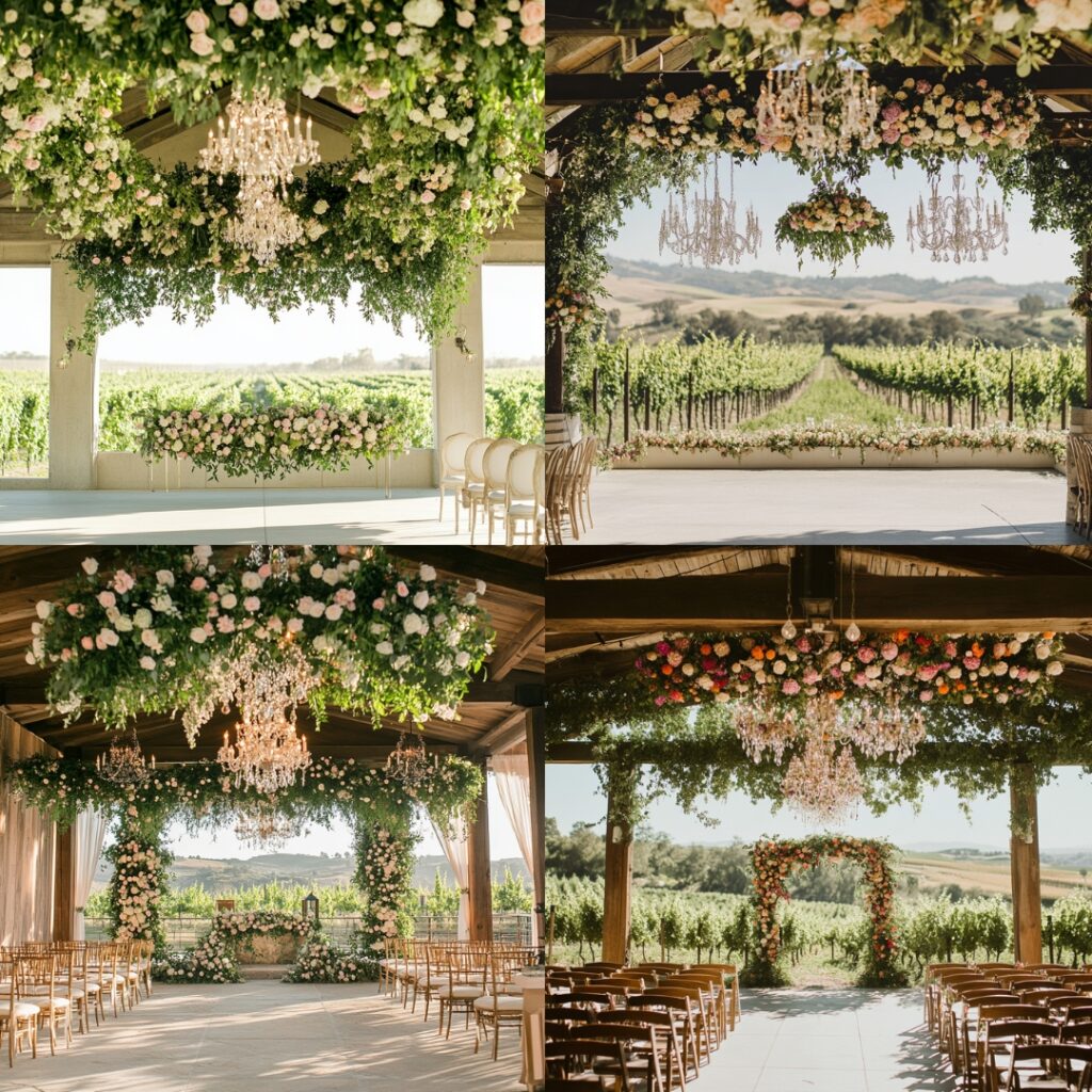 Stunning floral chandeliers suspended above a vineyard ceremony space, featuring fresh blooms and greenery, creating an ethereal atmosphere filled with romantic light.