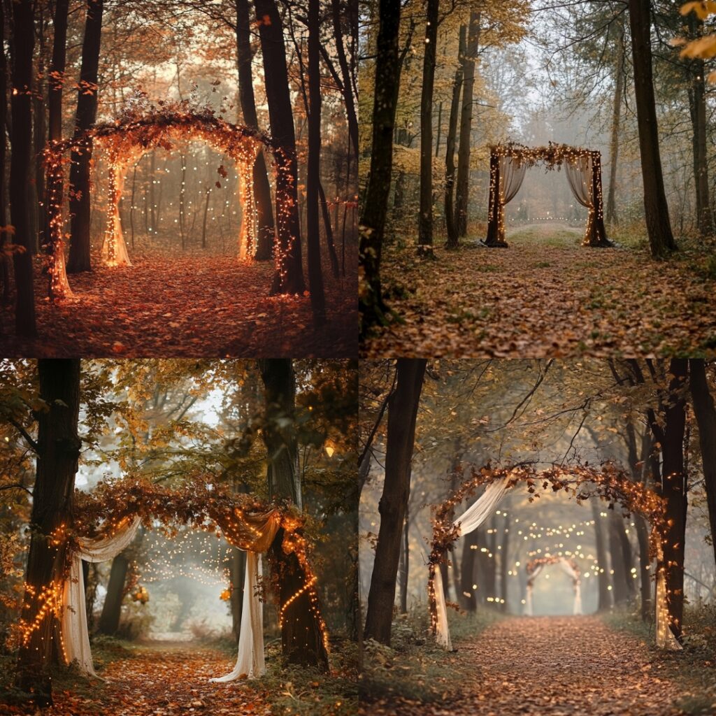 A magical forest clearing with towering trees and an arch draped in autumn leaves and fairy lights, creating an ethereal setting for a Halloween wedding.