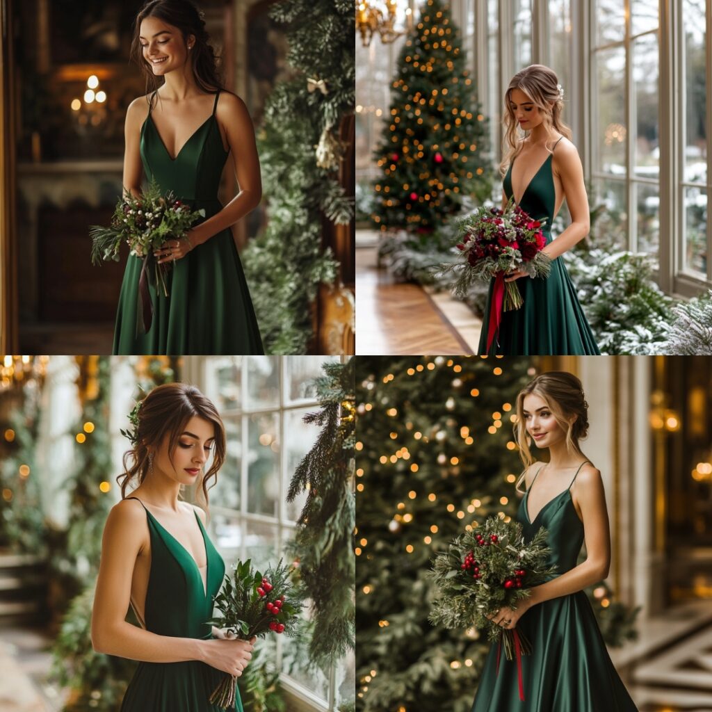 Forest green A-line bridesmaid dress with an elegant silhouette, ideal for a Christmas wedding with winter-inspired decor like pine and holly.