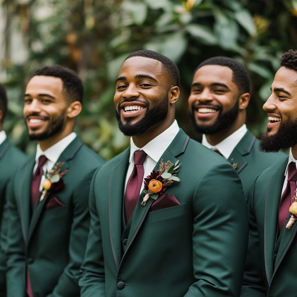 Groomsmen in forest green suits paired with burgundy ties and pocket squares, creating a festive and elegant ensemble for a winter wedding celebration.