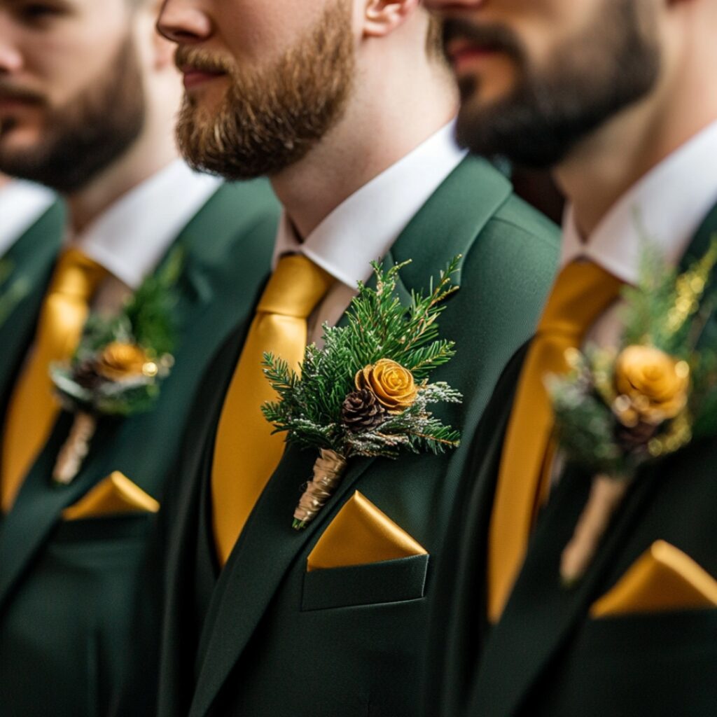 Groomsmen in bold forest green suits with gold ties and pocket squares, complemented by seasonal greenery boutonnieres for a luxurious Christmas wedding.